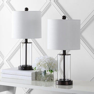 Abner 21" Glass Modern Contemporary USB Charging LED Table Lamp - JONATHAN Y